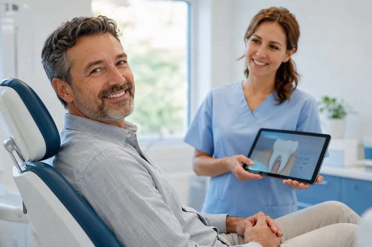 A smiling patient in a dental chair while a hygienist shows him a tooth and gum diagram on a tablet