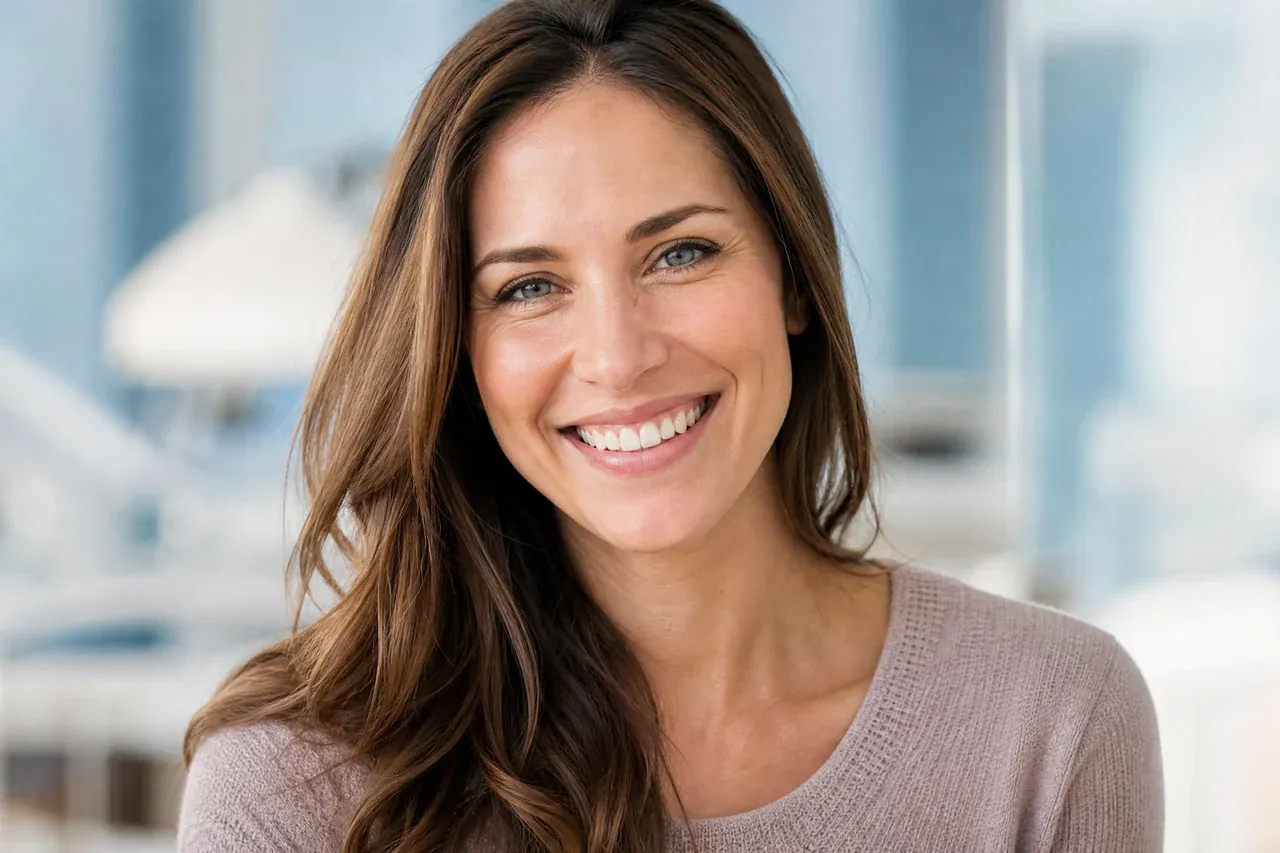 A smiling woman with a bright, healthy smile in a softly lit dental office